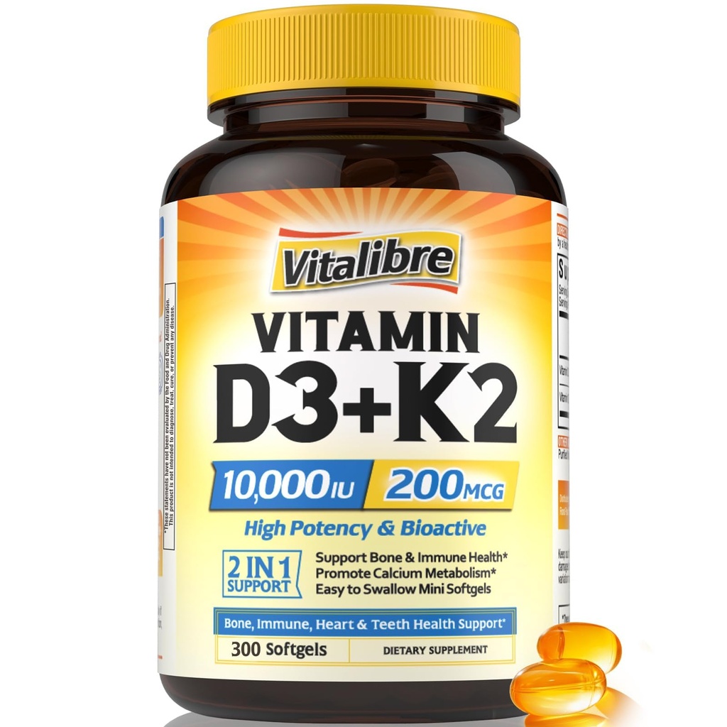 Vitamin D3 K2 dodatek, 10000 i.e. D3 / 200 μg K2 MK7, kalcijeva absorpcija, kosti, srce, Imunska in razpoloženjska podpora, okrepljena absorpcija, brez soje, enostavno požiranje, 300 kapsul