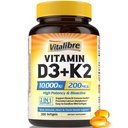 Vitamin D3 K2 dodatek, 10000 i.e. D3 / 200 μg K2 MK7, kalcijeva absorpcija, kosti, srce, Imunska in razpoloženjska podpora, okrepljena absorpcija, brez soje, enostavno požiranje, 300 kapsul