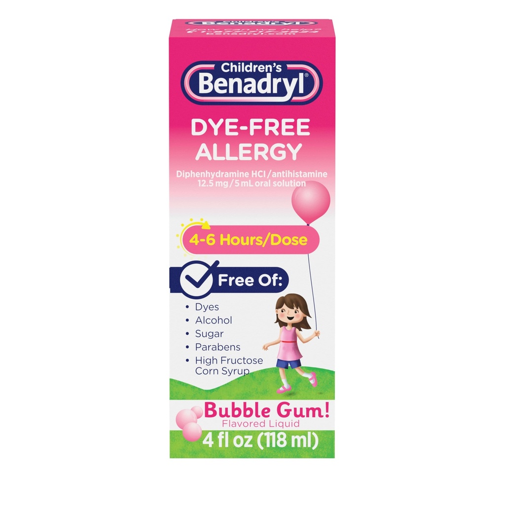 Otroški Benadryl Dye-free Alergy Relief Liquid + 12,5 mg Difenhidramin HCl, Antihistaminik Alergija Medicina za otroke pomaga lajšanje Runny Nose & Sneesing, Bubble Gum Flavor, 4 fl. oz