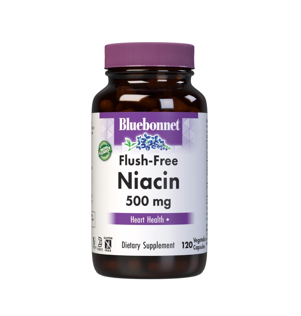 BlueBonnet Nutrition Flush-free Niacin 500mg, za prehrano Kardiovaskularna podpora Zelenjavne kapsule, Soy/Dairy/Gluten Free, Non-GMO, Kosher Certified, Vegan, White, 120 Count