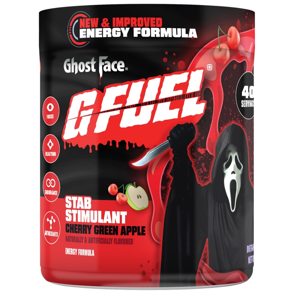 G Gorivo Ghost Face Energy Drink Powder, Pre Workout Caffeine Mix for Gaming, Sugar Free Focus Amino, Vitamin + Antioksidanti, 9.9oz (Čerry Green Apple, 40 Servings)