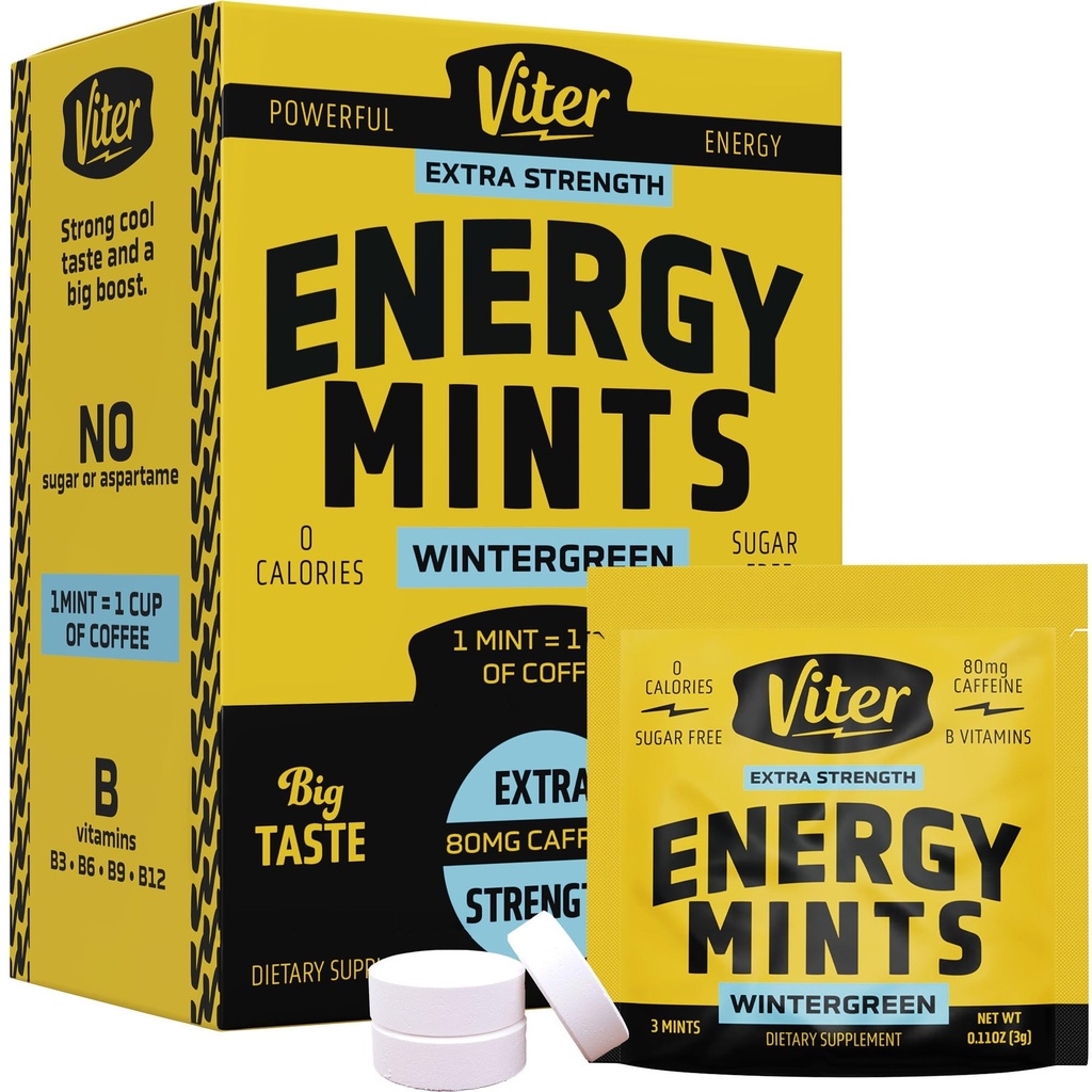 Viter Energy Kofein Mints 80mg Dodatna moč - 90 kosov Kofeinirana z vitamini B. Veganska metina brez sladkorja. Energiraj nootropni fokus za hitro opozarjanje (Zimsko zelena aroma, 30 paket)