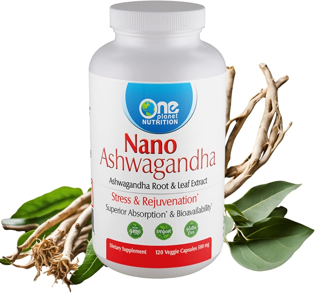 One Planet Nutrition Nano Ashwagandha Root & Leaf 500 mg Veggie kapsule (120 Servings), 10:1 Izvleček, podpira Hormone & Nevrološke funkcije za razbremenitev stresa, ne-GMO, Vegan, Gluten-free