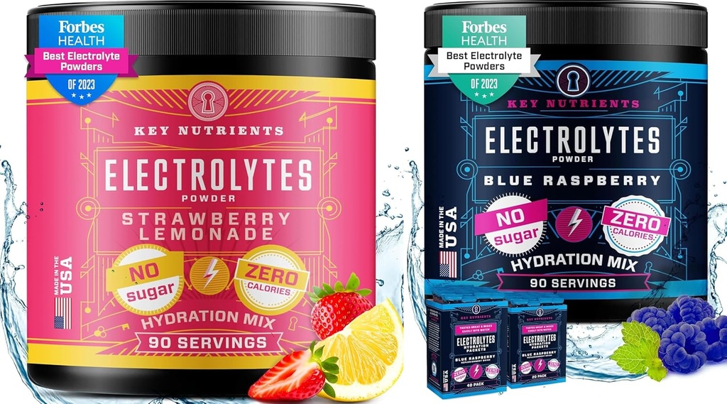 KLJUČNI HRANILCI Elektroliti v prahu Ultimate Hydration & Wellness Bundle - Juicy Jagodna limonada & Sweet Blue Raspberry Elektrolitni praški - Nič sladkorja, Keto-prijateljski, 90 Služi vsak