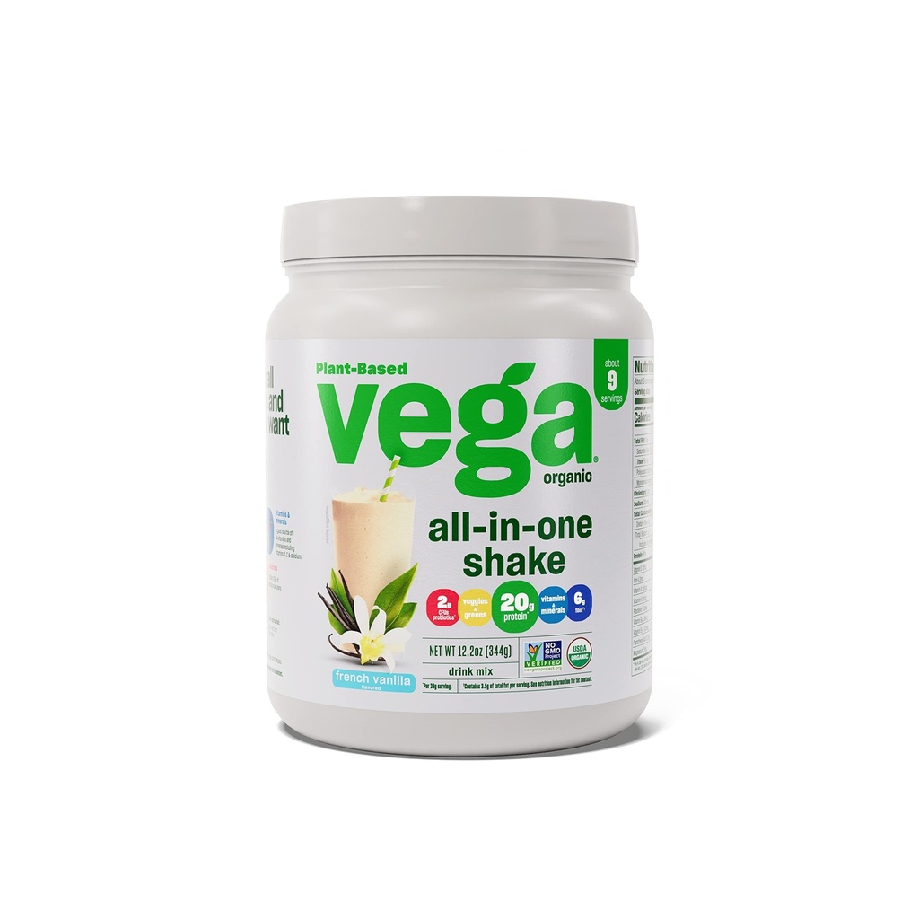 Vega Organic All-in-One Vegan Protein Powder, Francoska Vanilla - Superfood sestavine, Vitamini za podporo imunitete, Keto prijazno, Pea Protein za ženske in moške, 12.2 oz (Packaging May Vary)