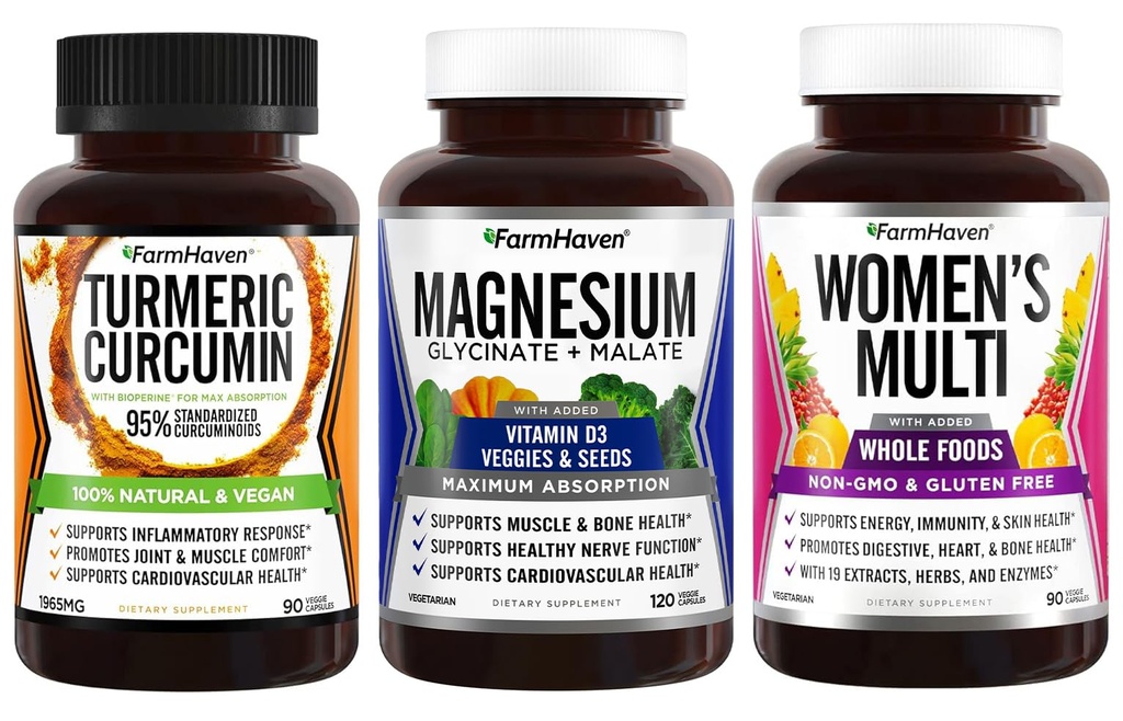 FarmHaven Magnezij + Multivitamin za ženske + Kurkumin z BioPerin črni poper