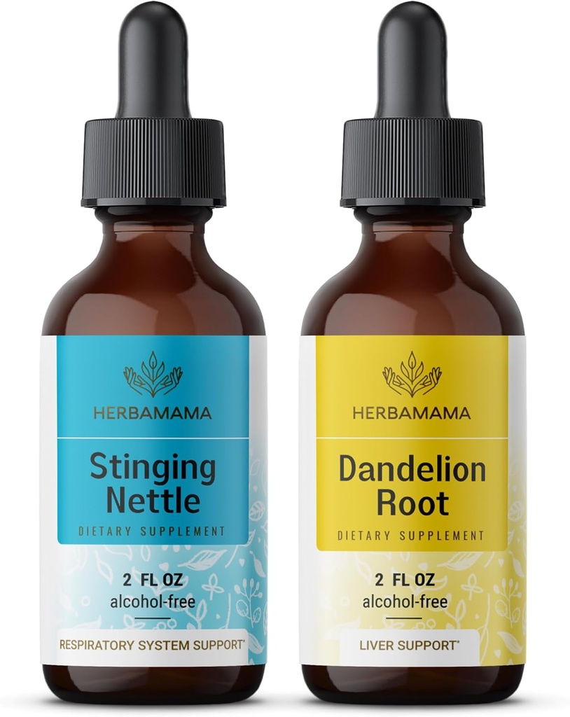 HERBAMAMA Zeliščne tekoče kapljice komplet - Komplet stinging koprive & Dandelion Root Tinkture 2 fl oz - Vegan, Non-GMO, Sugar & Alkohol-free - 2 paket