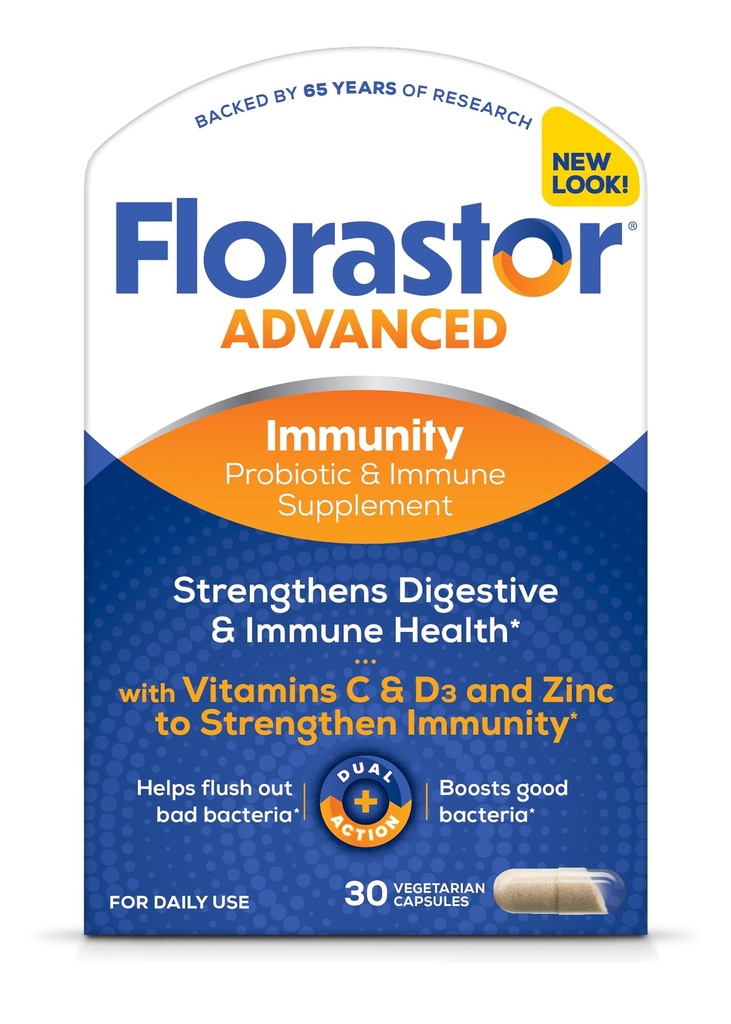 Florastor Select Immunity Boost Daily Probiotic & Immune Support dodatek za ženske in moške, Saccharomyces Boulardii CNCM I-745 Plus cink, vitamin C & D3 (30 kapsul)