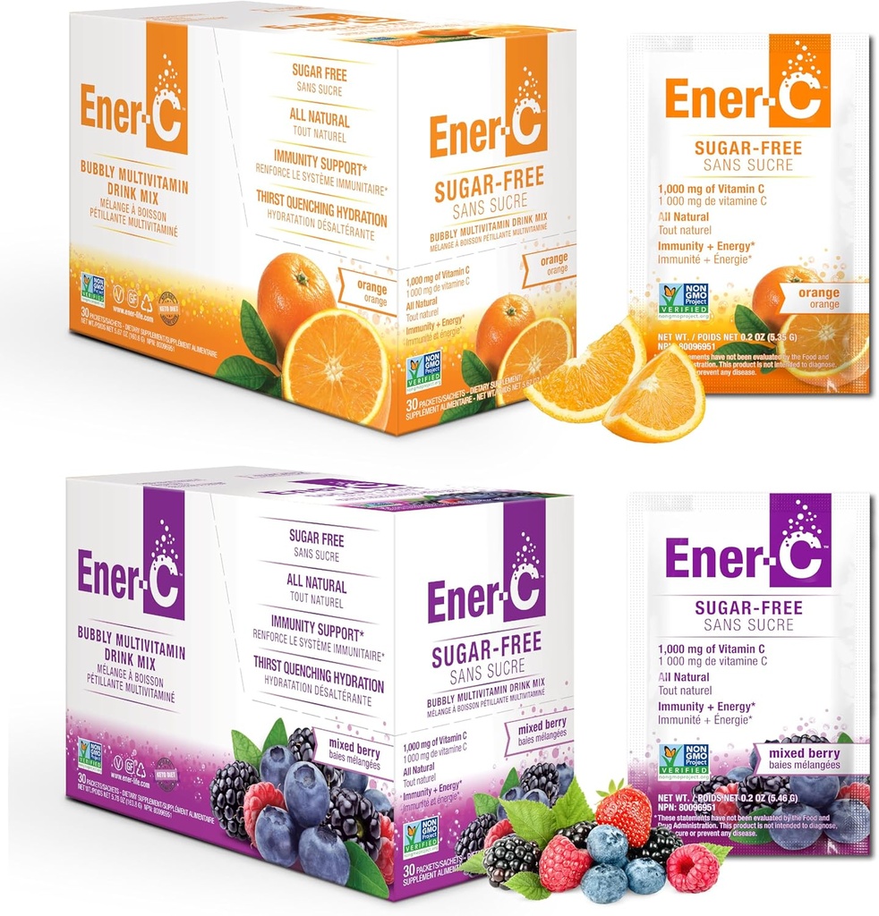 Ener-C Sugar Brez sladkorja Mešanica multivitaminske pijače - Vitamin v prahu za vodo, elektroliti v prahu brez sladkorja, Hydration Boost Packets, Zero Sugar, Vitamin C & B12 Dopolnilna tekoča mešanica - Orange & Berry, 60 Count
