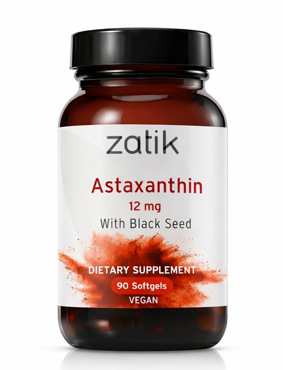Zatik Naturals - Astaksantin 12mg z organskim črnim semenom, antioksidant, 90 Veganski softgels