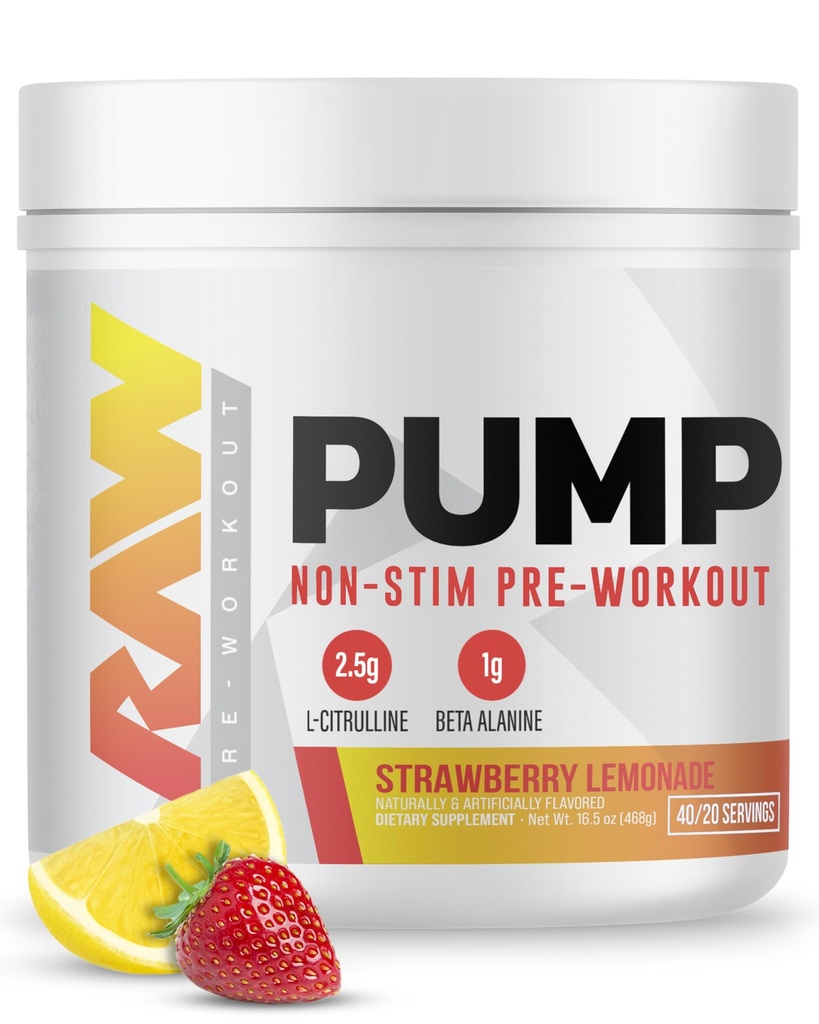 RAW Pump Stim brezplačno Pred vadbo (Strawberry Lemonade) - Nestimulant Pre Workout dodatek v prahu dušikov oksid Booster - Pre Workout Dodatki Pijača za med vadbo - 40 Serving