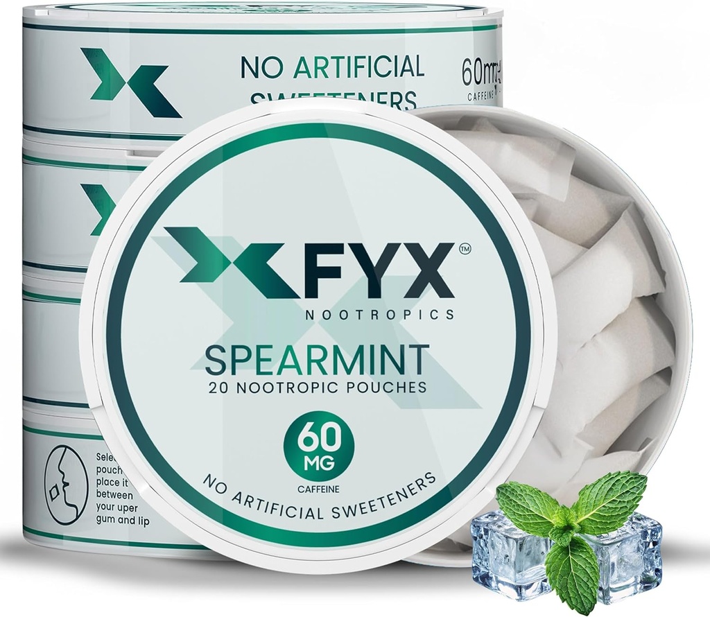 FYX Kofeinske nootropne vrečke – čista energija in fokus z alfa-GPC, L-tirozinom in L-teaninom – 60mg vrečke kofeina – vrečke brez sladkorja Alpha Nootropic Pouches – 5-pak (5-Count, Spearmint)