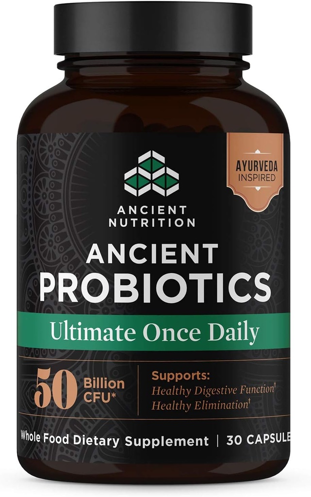 Ancient Nutrition Probiotics, Ultimate with Turmeric, Ginger and Fenugreek, Podpira prebavne funkcije, zmanjša drisko, zaprtje, napenjanje, Superfoods Mešanica, 50 milijard CFUs*, 30 kapsul