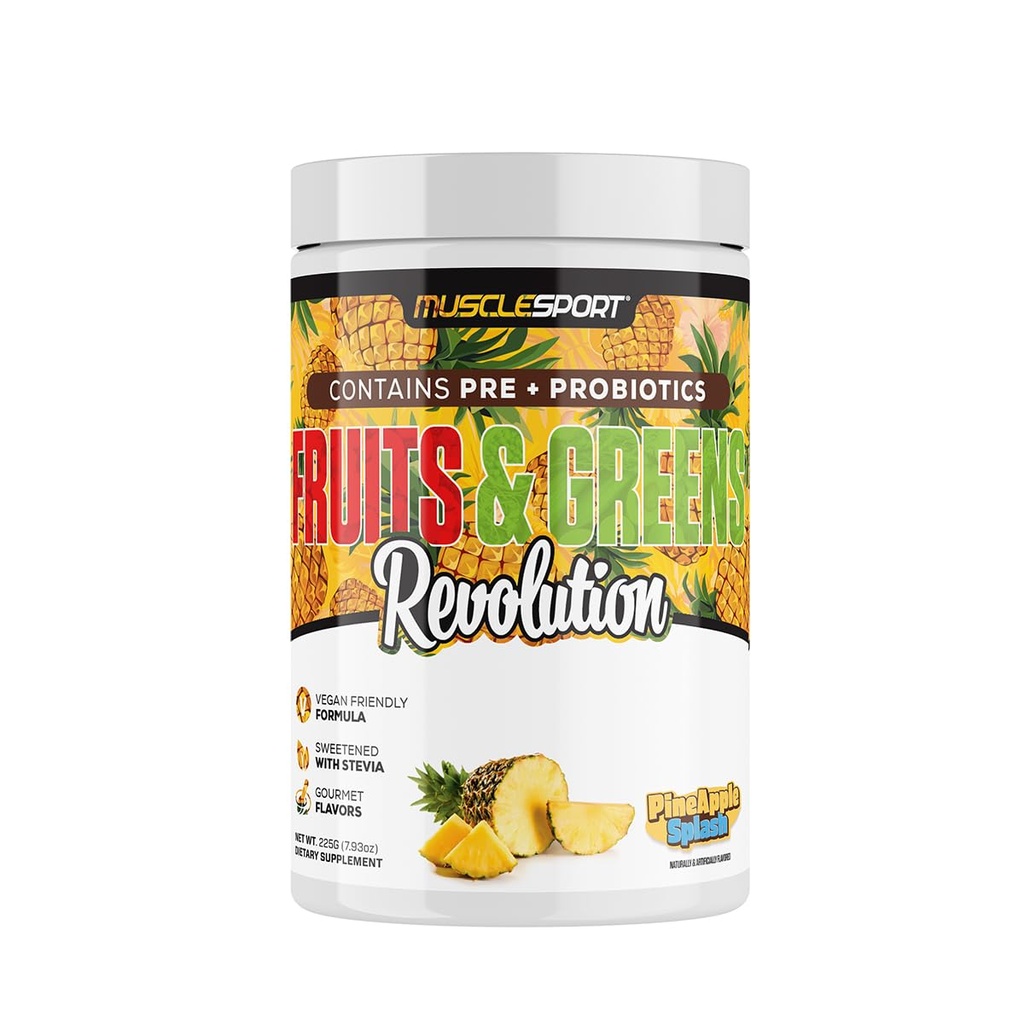 Musclesport Sadje & Zeleni - Sadje, zelenjava in antioksidant dopolnilo, vključno s pšenično travo in Spirulina, Dodane vlaknine in probiotiki - 30 Servisi (Pineapple Splash)