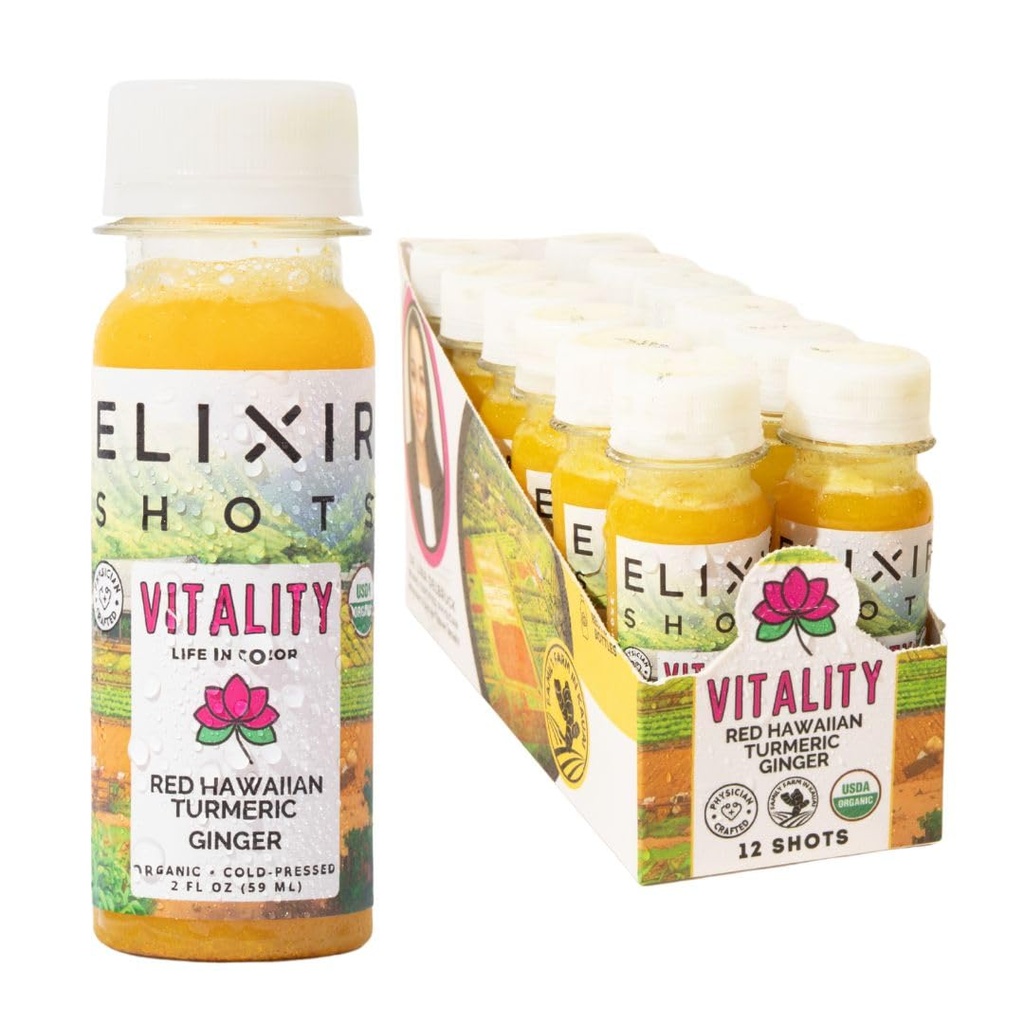 Eliksir Shots, Vitalnost Immuniteta Wellness Shot s 100 % organskih sestavin, hladno prezentiran rdeče havajske kurkuma, Perujski ingver, Ananas in črni poper, brez sladkorja ali umetnih dodatkov, 12 Pack