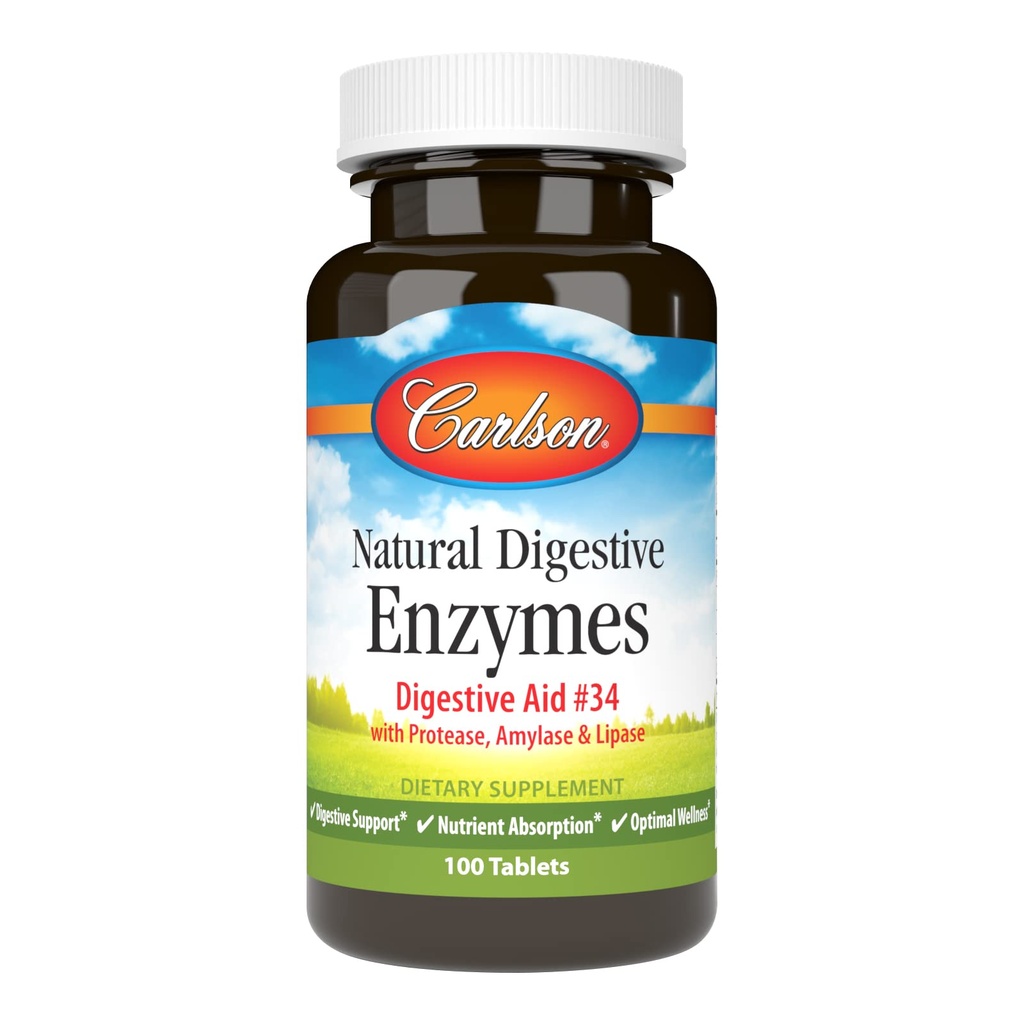 Carlson - Naravne prebavne encime, prebavna pomoč #34 s proteazo, amilazo in lipazo, prebavna podpora, absorpcija hranil in optimalna Wellness, 100 tablet