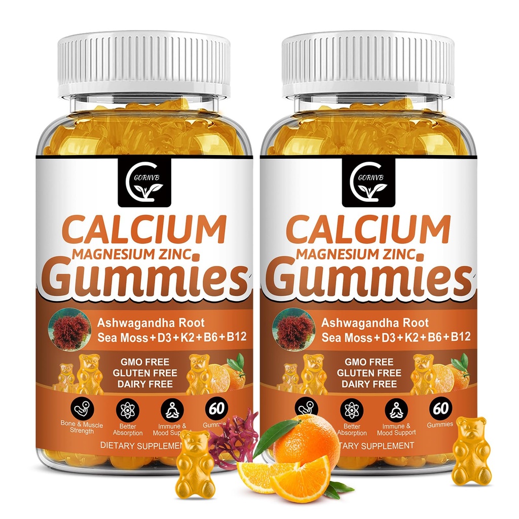 1200 mg kalcijevih gumijev z vitaminom D3,K2,B12 & B6 - rastlinsko kompleksno kalcij Magnezij dopolnilo z glicinatom, potasijem, morskim mossom, Ashwagandha koren za kosti in zobe moč, mišice in imuno-2 paket