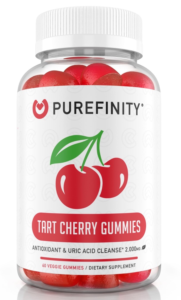 PUREFINITY Tart Cherry Gumies – sečna kislina Flush za skupno lajšanje in regeneracijo, surovi sok ekstrakt antioksidant – Ne-GMO, Gluten prost, Vegan, 60 Število
