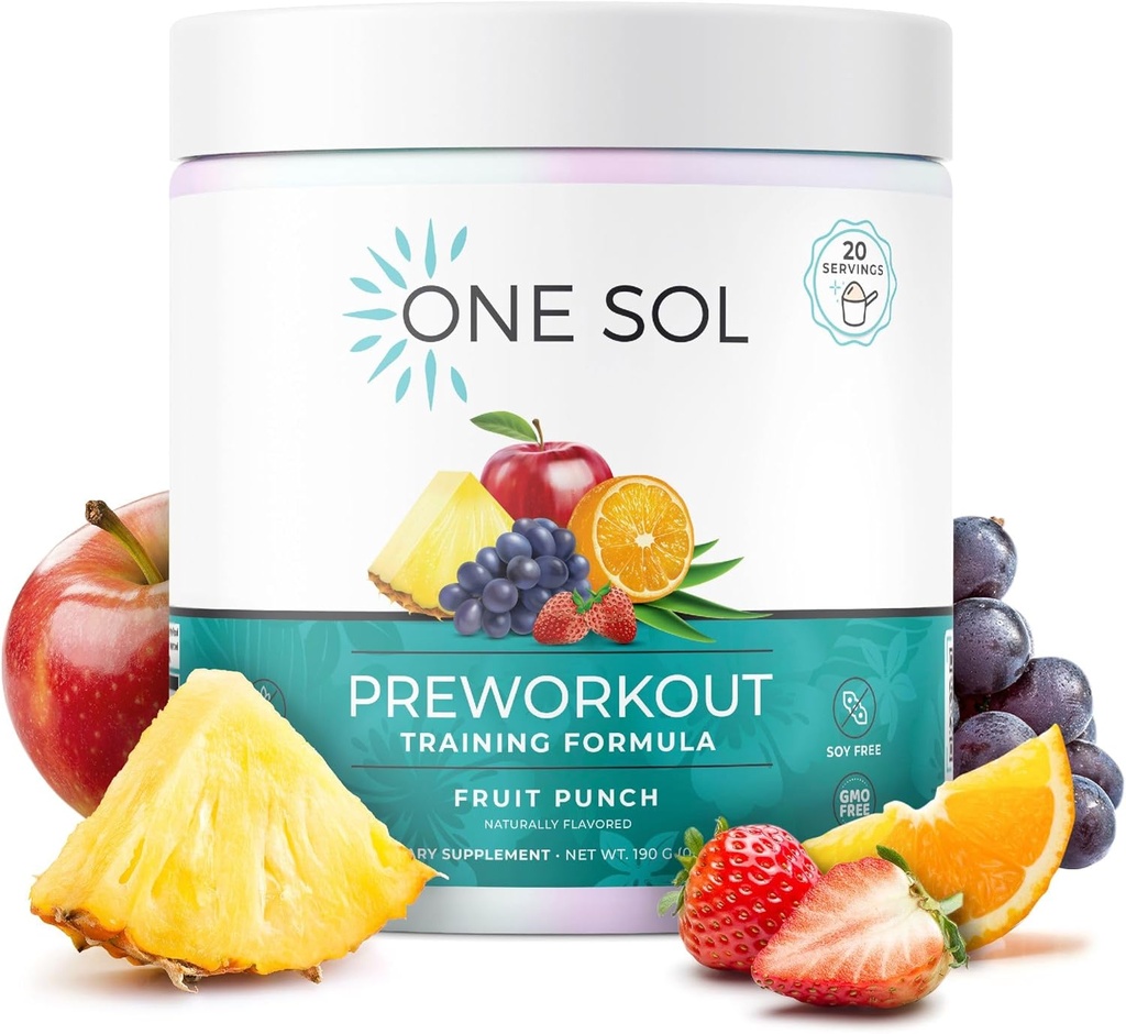 One Sol Pre-Workout za ženske, Izboljšana črpalka in fokus, Brez Jitters ali Crash, naravne sestavine, 100% Vegan, Gluten Free & Soy Free, (Fruit Punch)