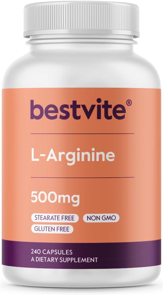 BESTVITE L-arginin 500 mg (240 kapsul) - brez magnezijevega stearata - brez silicijevega dioksida - brez polnil - brez GSO - brez glutena