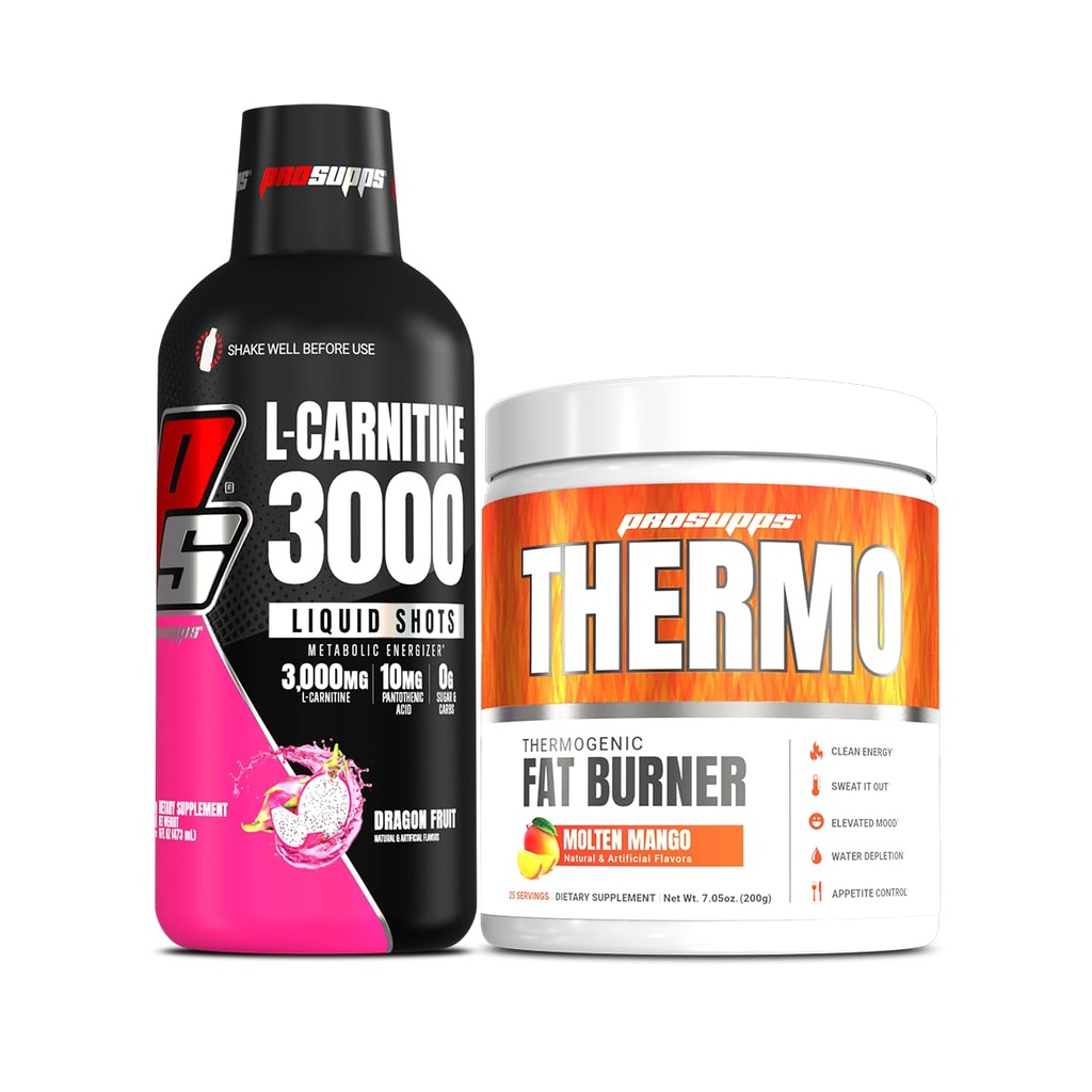 PROSUPPS L-karnitin 3000 brez stimulantnih tekočinskih strelov (31 strežnikov, zmajevega sadja) in termomaščobnih termogenskih praškov (25 servov, molten mango)