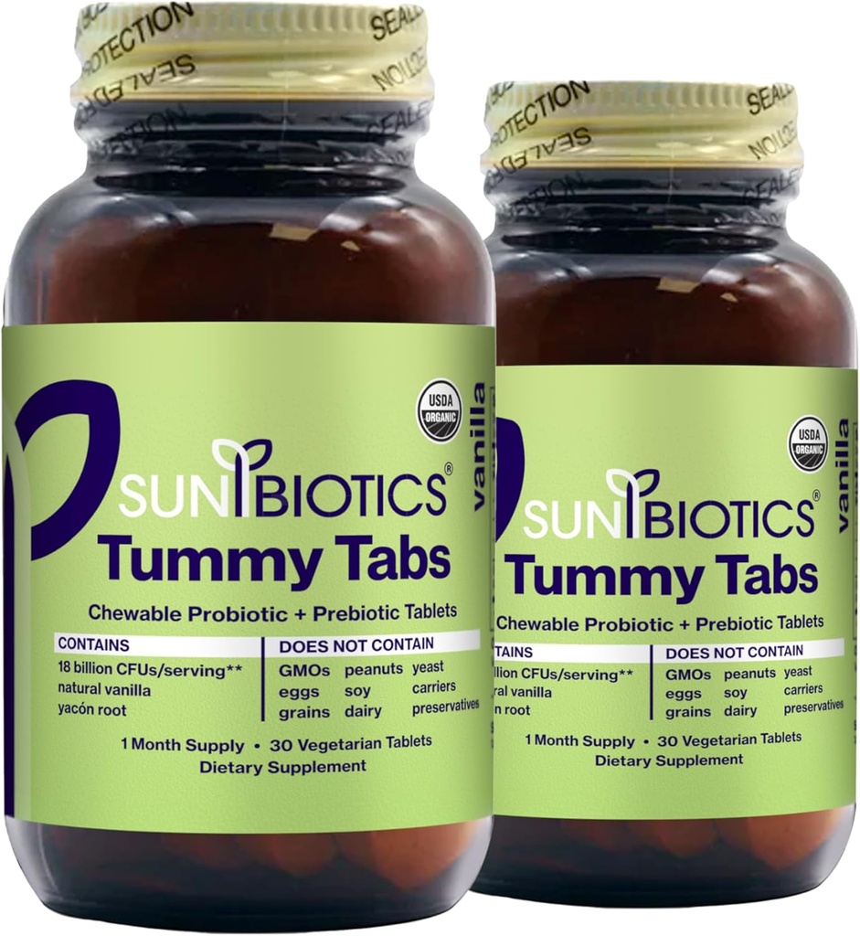 SUNBIOTICS Tummy Tabs - žvečljive probiotične in prebiotične tablete z 18 milijardami CFUs 4 probiotične sevi za dobro gut Floro, imunski sistem, in uravnotežen mikrobiome - Vanilla, (Pack z 2)