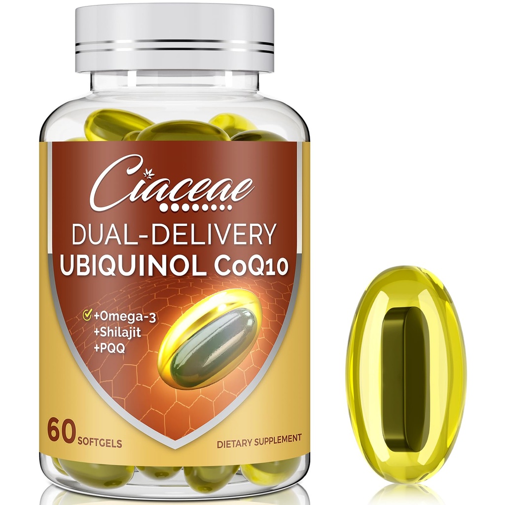 Ubikvinol CoQ10 600 MG Softgels z Omega-3 & Shilajit & PQQ, Advanced Dual-Dostava koencim-Q10, Active CoQ10 Ubikinol dodatek za plodnost, antioksidant, srce, možgani in energija, 60 Servinges