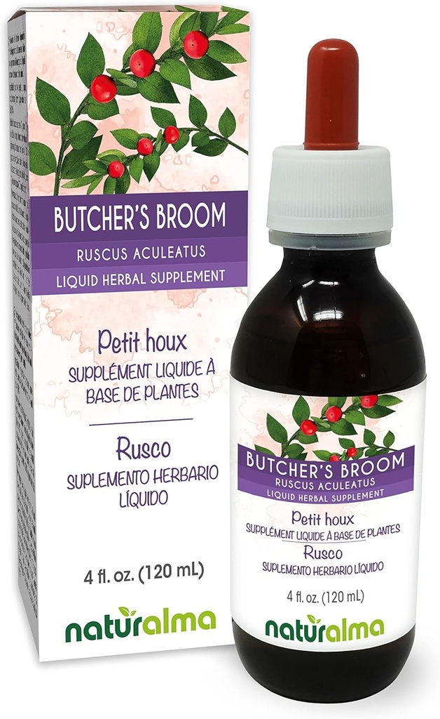 Naturalma Butcher's Broom (Ruscus aculeatus) Tinktura brez alkohola - 4 fl oz Tekoči ekstrakt v kapljicah - Zeliščni dodatek - Vegan