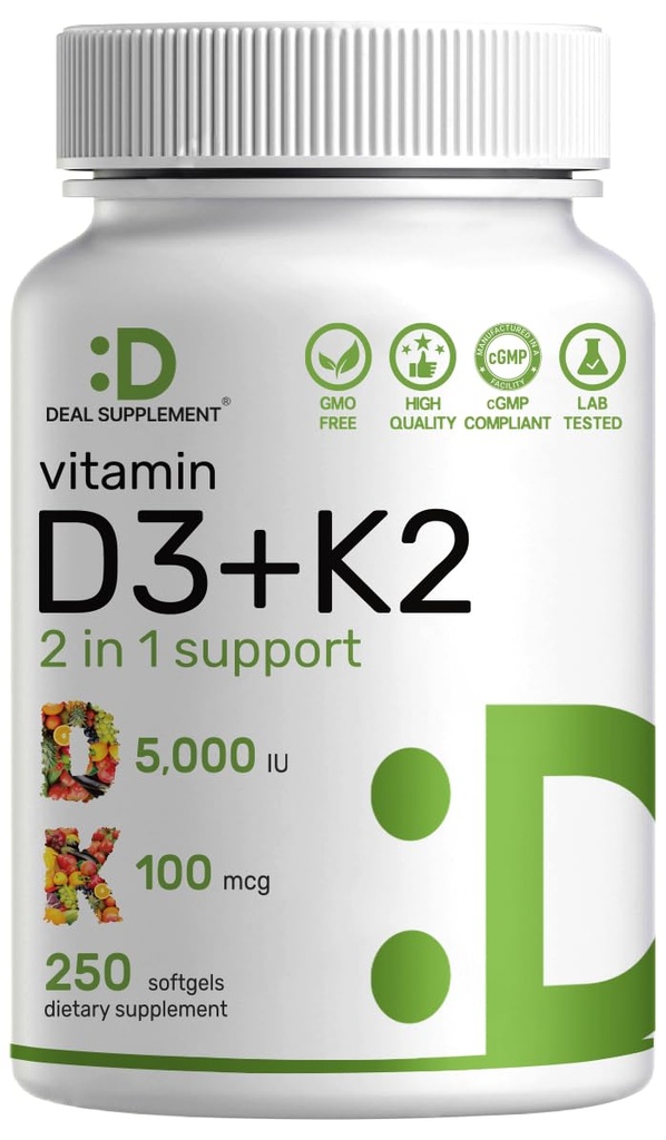 DEAL DOPOLNILO Vitamin D3 5000 i.e. + K2 MK7 Softgels, 250 Štetje 