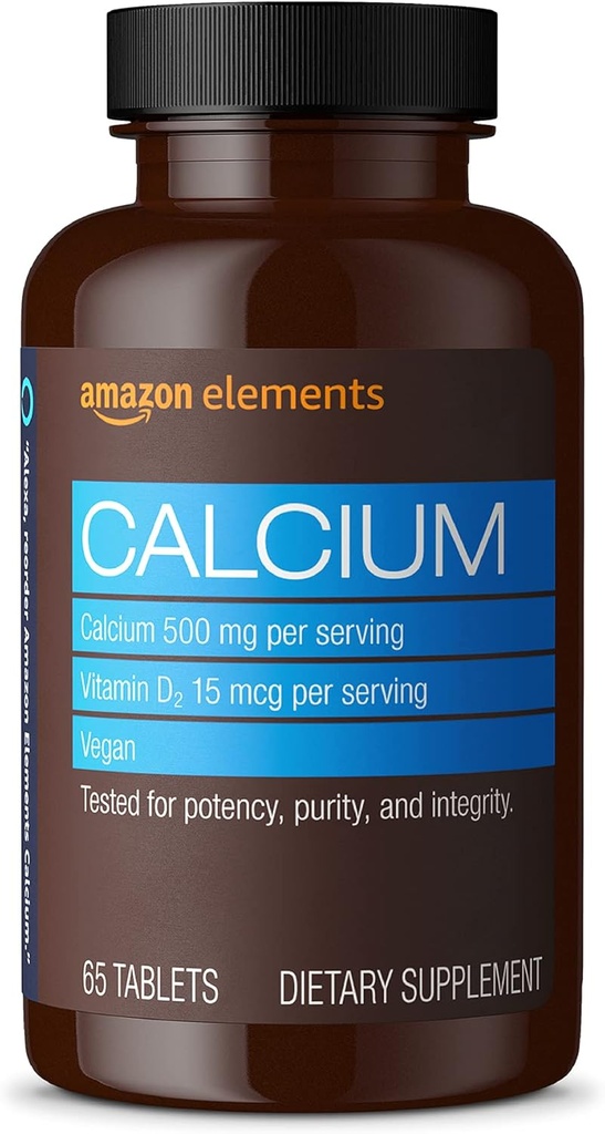 Elementi Kalcij in vitamin D, kalcij 500 mg z D2 600 i.e., vegan, 65 Tablete (2 mesec dobave) (Pakiranje se lahko razlikuje), Podpira močne kosti in imunskega zdravja