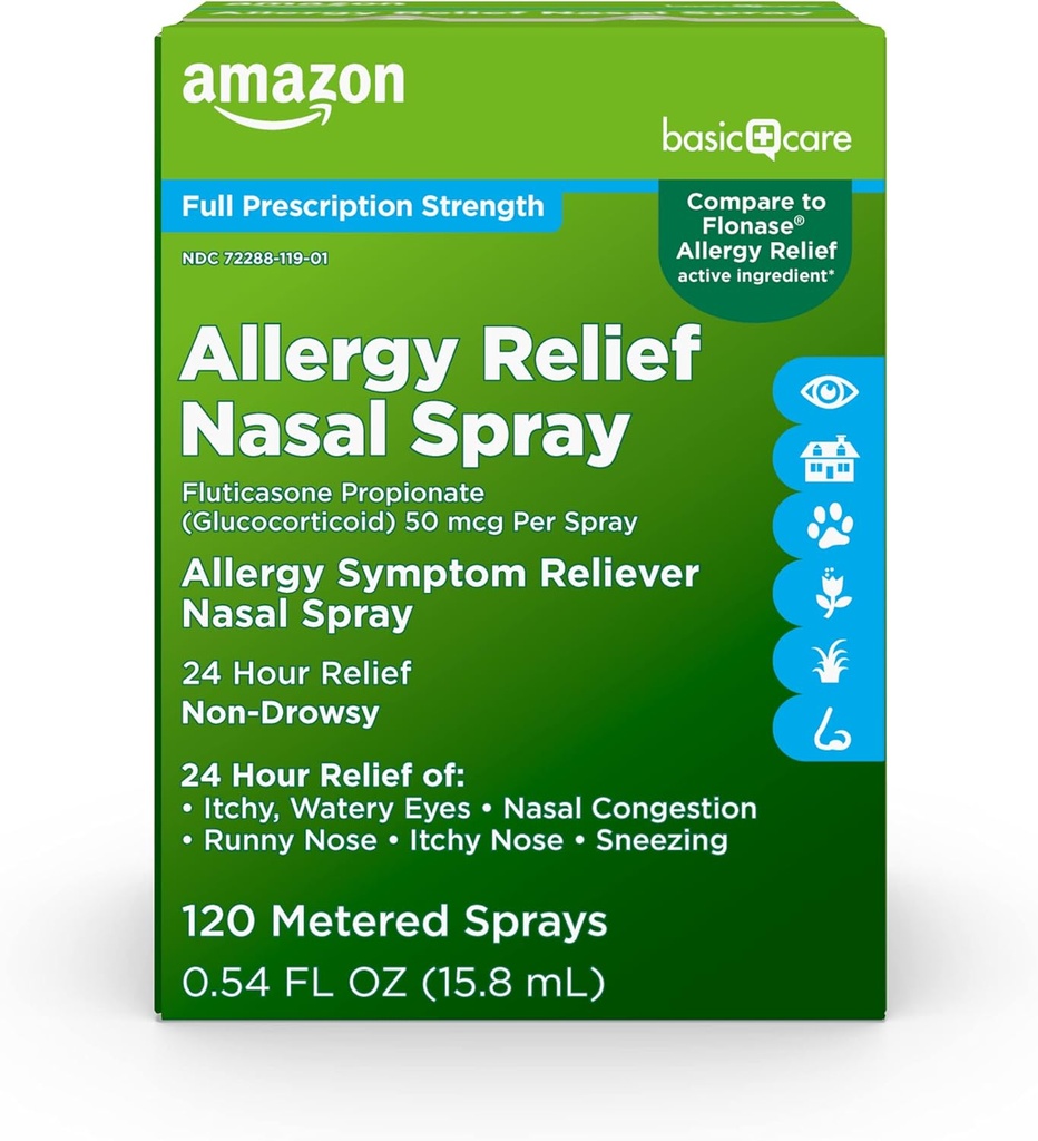 Osnovna nega 24-urna alergija Relief nosni pršilo, flutikazonpropionat (glukokortikoid), 50 μg na pršilo, popolna predpisovanje moč, neumivanje, 0,54 fl oz (paket po 1)