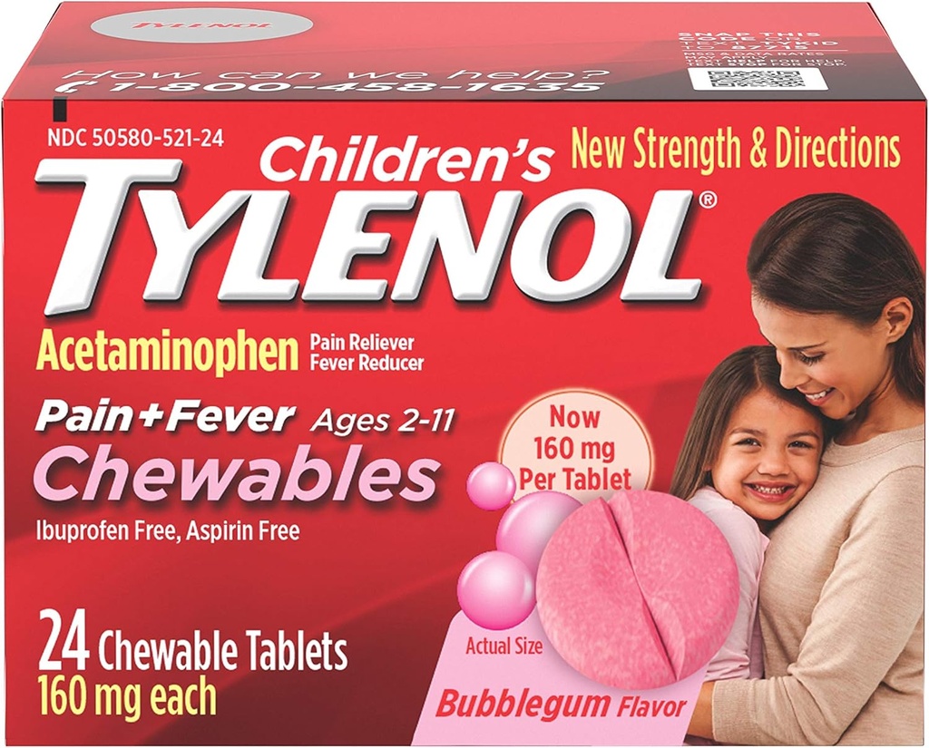 Otroški Tylenol Chewables, Acetamolfen za lajšanje bolečine in vročine, žvečilni gumi, 24 ct