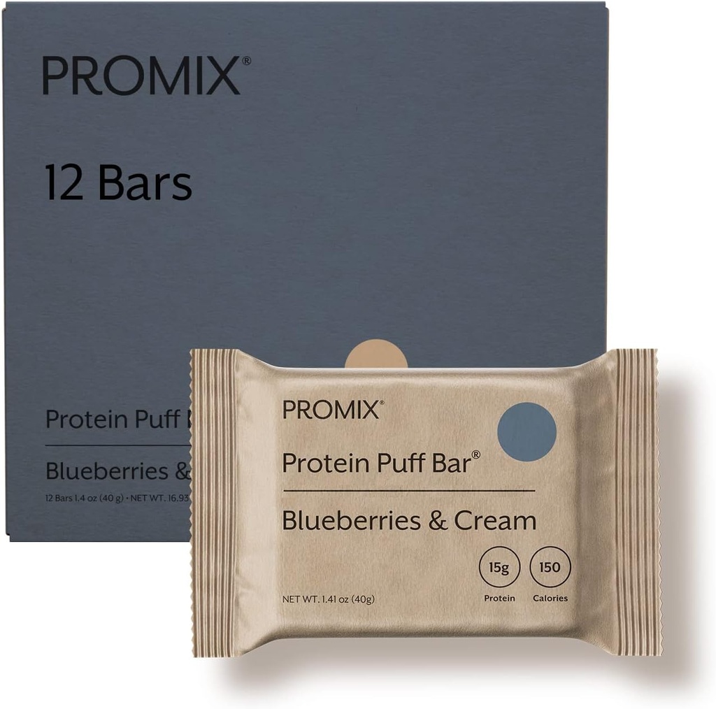 ProMix Nutrition Protein Puff Bars - borovnice & krema - Marshmallow Crispy Treat - odličen okus in zdravo na Go Prigrizek - Visoke beljakovine & Nizke kalorije - brez glutena, soje, & koruze - 12 Barov