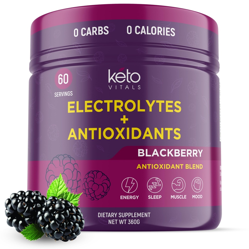 Keto Vitals Antioksidant Elektroliti v prahu - mešanica keto elektrolitov s kalijem, magnezijem, natrijem, in kalcij - brez sladkornega elektrolita mešanica in hidracija v prahu, 60 Serving, BlackBerry