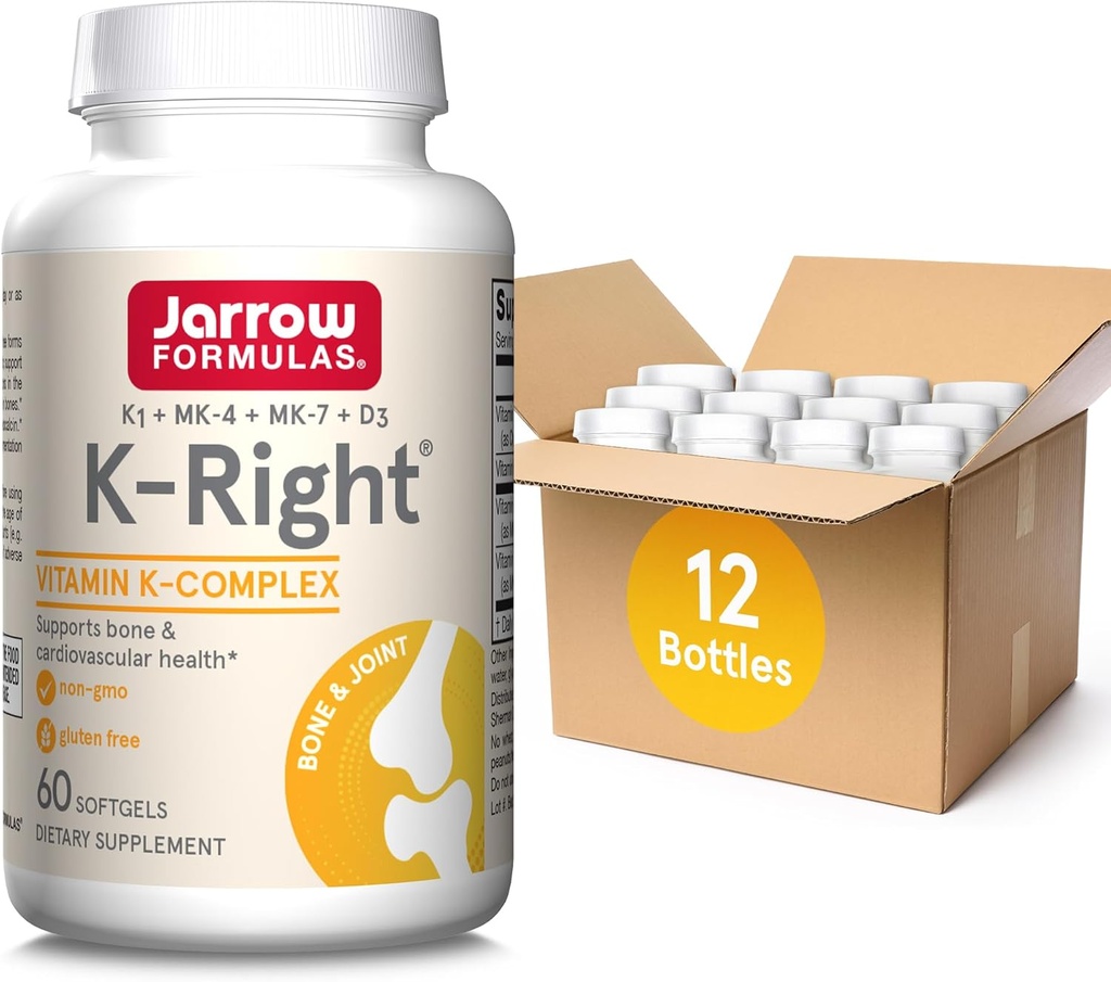 Jarrow Formulas K-Right - Vitamin K-Complex (K1, MK-4, MK-7, D3) - 60 Servingov (Softgels) - prehranski dodatek za podporo zdravju kosti in srca - Vitamin K2 MK-7 - Gluten Free, pakiranje po 12