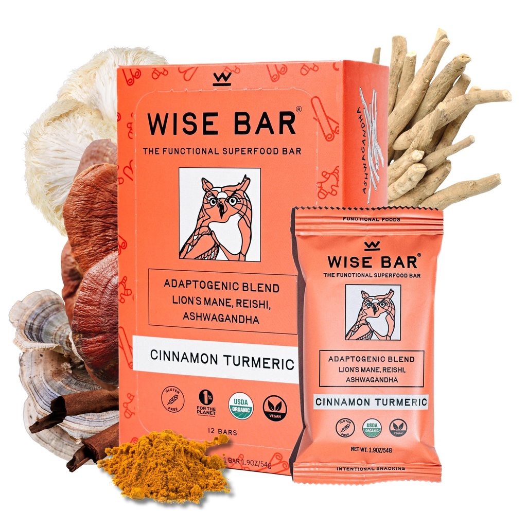 WISE BAR Adaptogen gob Prehranske čokoladice z Reishi, Lions Mane & Ashwagandha, Organic Vegan & Gluten Prosti prigrizki za naravno fokus, Energy & Immunity Support, Cinamon Turmeric Flavor, 12 Count