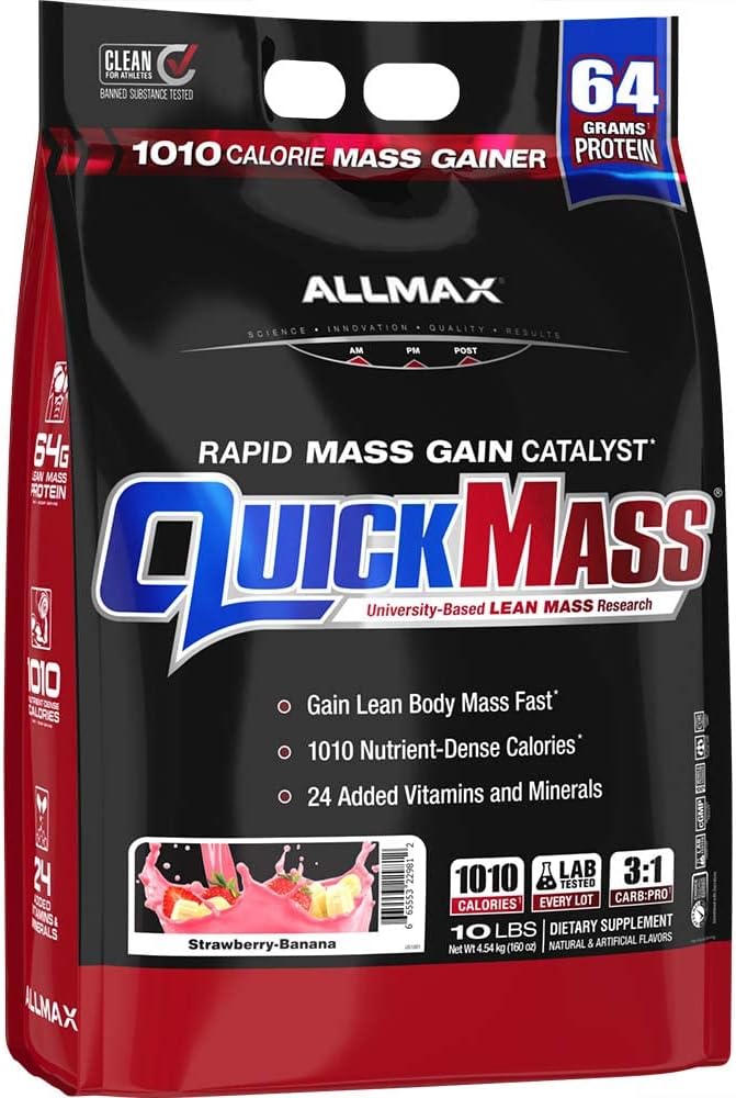 ALLMAX Nutrition QUICKMASS, Jagodna banana - 10 lb - Hiter masni dobiček Katalizator - Do 64 gramov beljakovin na serviranje - 3:1 Carb to Protein Ratio - Zero Trans Fat - Do 70 Servisi