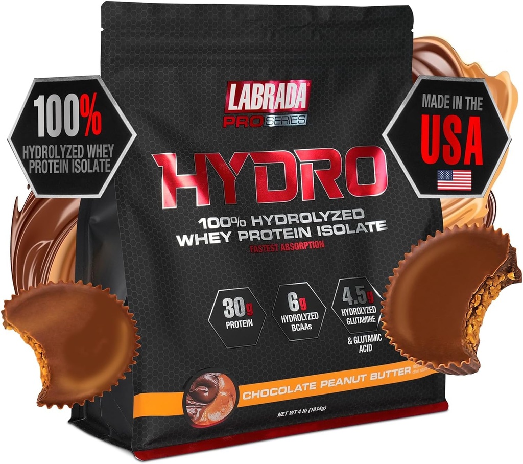 LABRADA Hydro 100% čisti hidrolizirani izolat sirotkinih beljakovin v prahu, laktoza prosta, glutamin, najhitrejša prebavljiva sirotka na voljo, takojšnja mešanje, okus 45 Serving 4lb (Peanutovo maslo)
