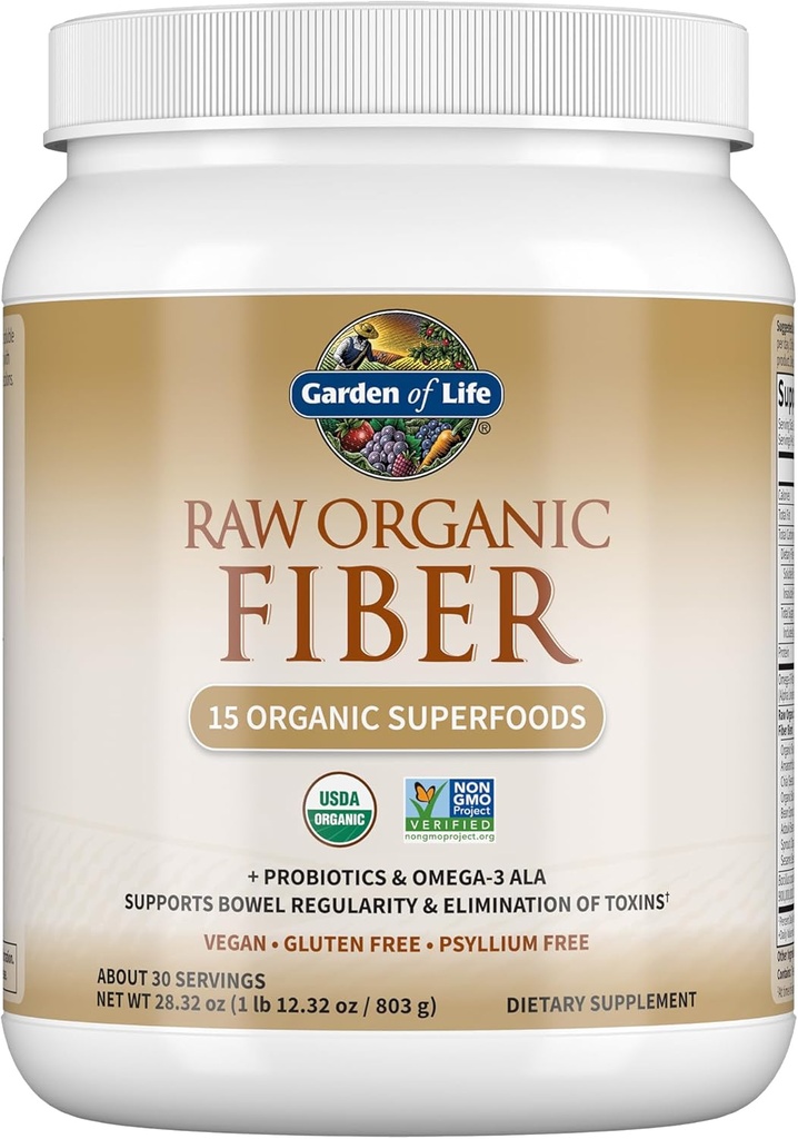 Vrt življenja Raw Organic Fiber Powder, 30 Servings, 15 Organic Superfoods, Probiotics, Omega-3 ALA, 4g Topen Fiber, 5g netopen za regularnost, Psyllium Husk Prost