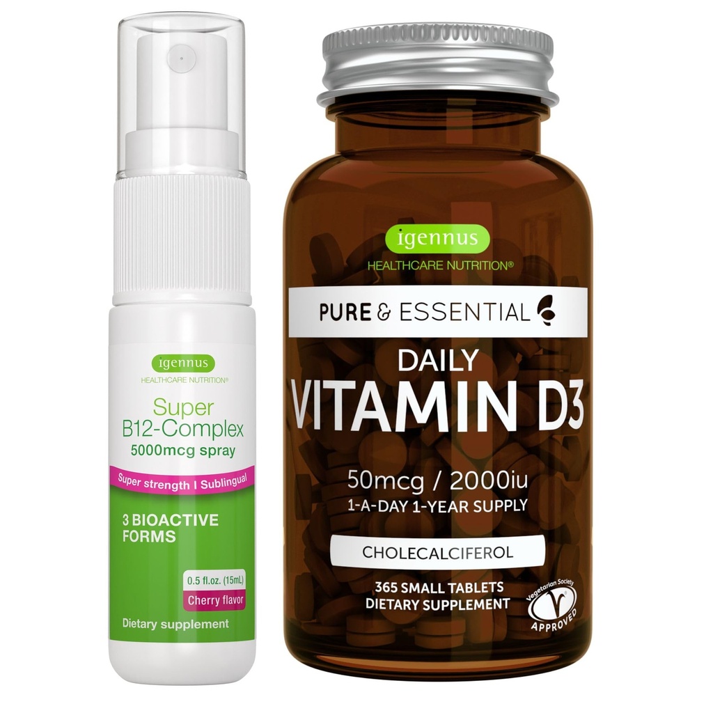 Dnevni vitamin D3 + Super B12- Complex 5000mcg Vegetarijanski paket, 365 2000iu Vitamin D3 Tablete + Visoka jakost B12 Cherry Flavor Podjezično Spray, by Igennus