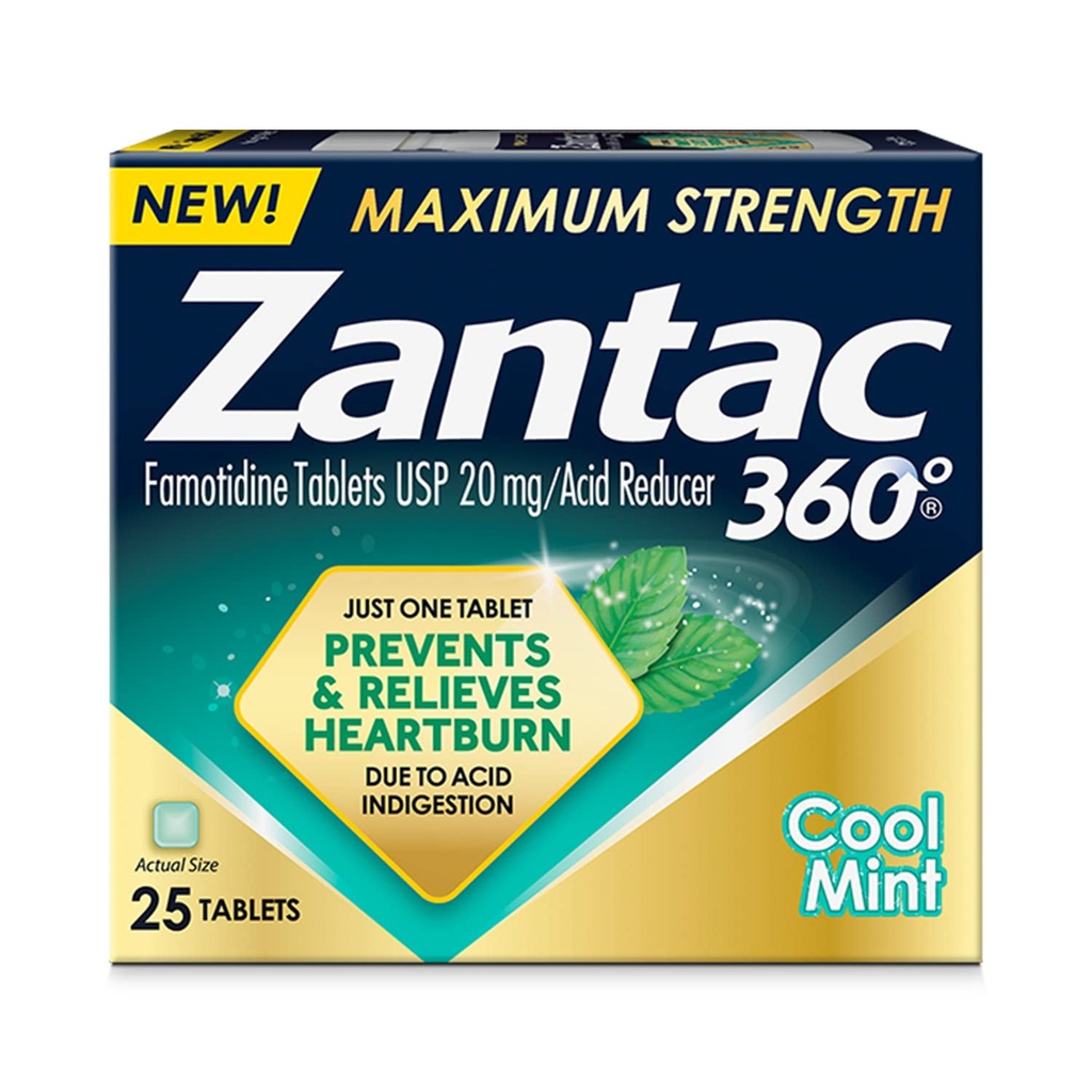 Zantac 360 Največja moč, Cool Mint, 25 Število, preprečevanje zgage in lajšanje, 20 mg tablete
