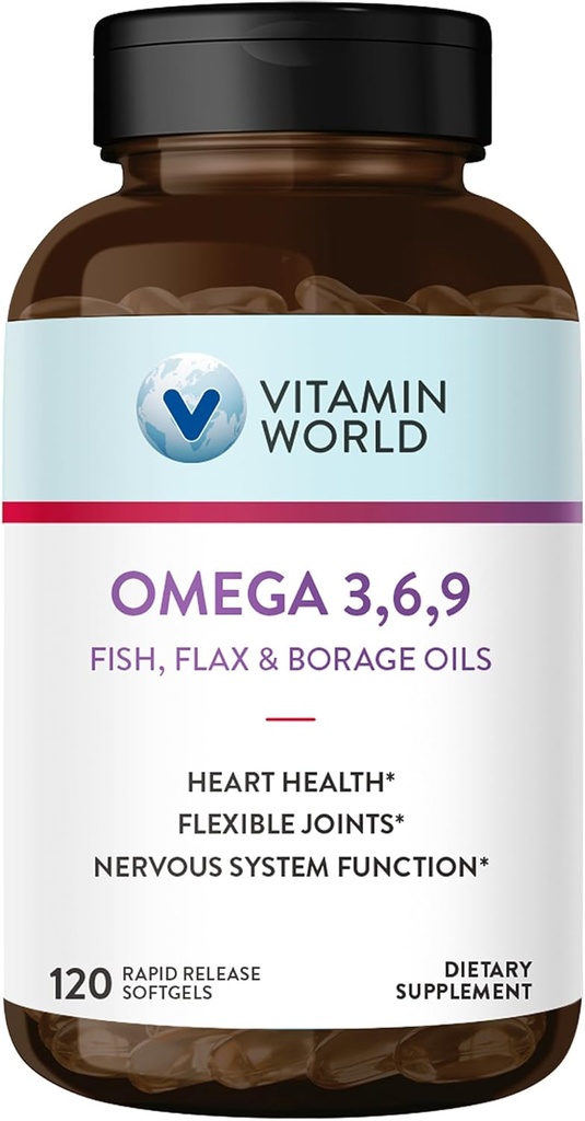 Vitamin World Triple Omega 3-6-9 3000mg z ribami, Flax, Borage & Večer Primrose Oils, Omega-3 Maščobne kisline z EPA & DHA, Podpira srce, Brain & Imune Health, Gluten Free, 120 Softgels