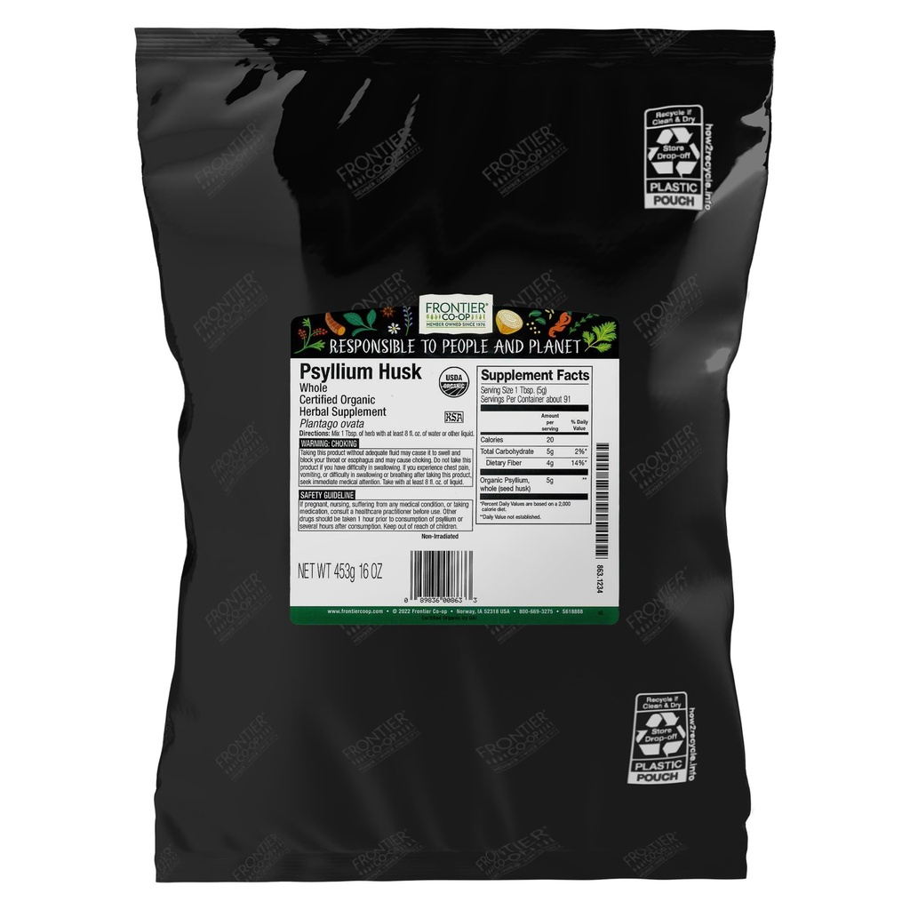 Frontier Co-op Organic Psyllium Husk 1lb - Cel Psyllium Husk, Organic & Kosher - Psyllium Husk Fiber za peko, Psyllium Nutritional dodatek za prebavljanje, Psyllium Husk v prahu razsutem stanju