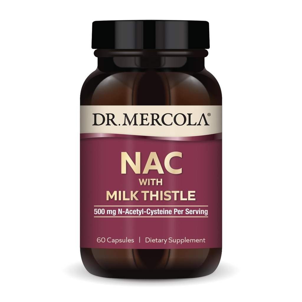 Dr. Mercola NAC z mlečnim osatlom - z antioksidanti - podpira običajne procese razstrupljanja - 500 mg N-acetil-cisteina na serviranje - ne-GMO, brez glutena in soje - 60 kapsul (30 obrokov)