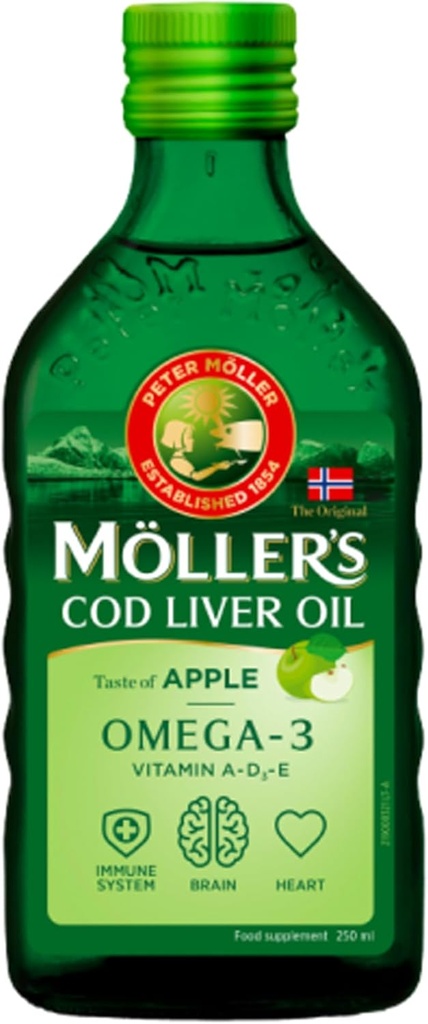 Mollerjevo ribje olje Norveška naravna aroma - prehranska dopolnila, 8.45 fl oz (Lemon, jabolko, sadje, naravne arome) (250 ml, nearomatična (naravna))