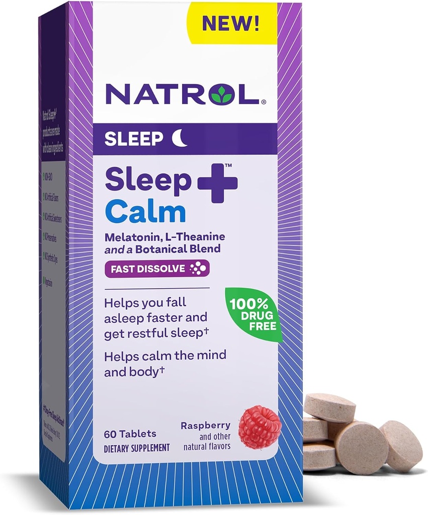 Natrol Sleep + Calm Melatonin 6mg z L-Theanine 50mg in botanično mešanico, prehranski dodatek za mirno spanje in miren um in telo, 60 Raspberry-Flavored hitro raztopi tablete, 60 dnevna dobava