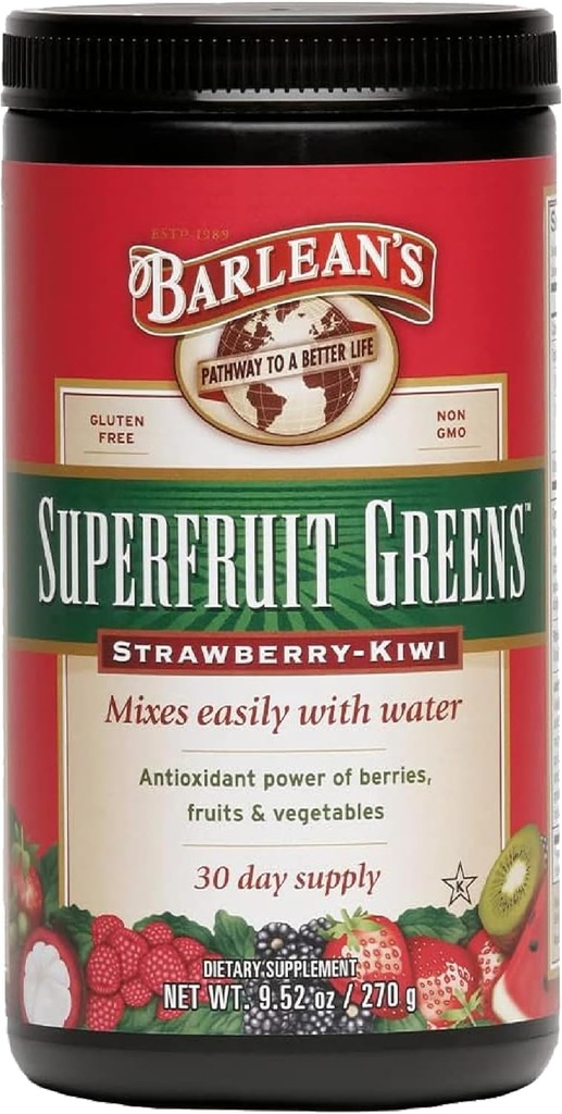Barlean's Superfood Greens Powder z antioksidantno močjo jagod, sadja in zelenjave – Jagoda Kiwi Flavor - Vegan, Non-GMO, Gluten-free - 9.52 oz