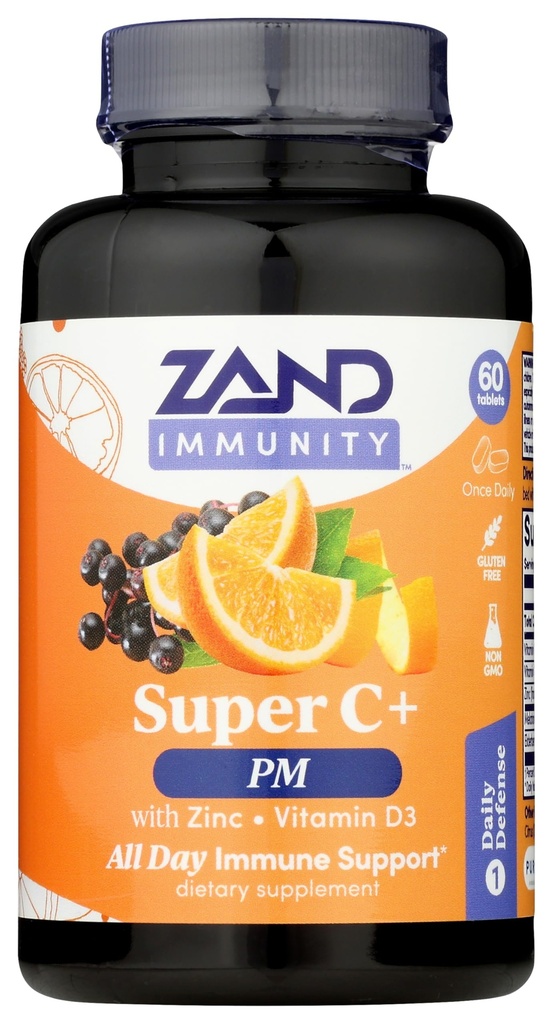 Zand Immunity Super C+ PM, Nighttime Imune Support Plus Melatonin, 1000mg PureWay-C Vitamin C, cink, D3 & Bezgove jagode, Izboljšana absorpcija - 60 tablet, 30 serving