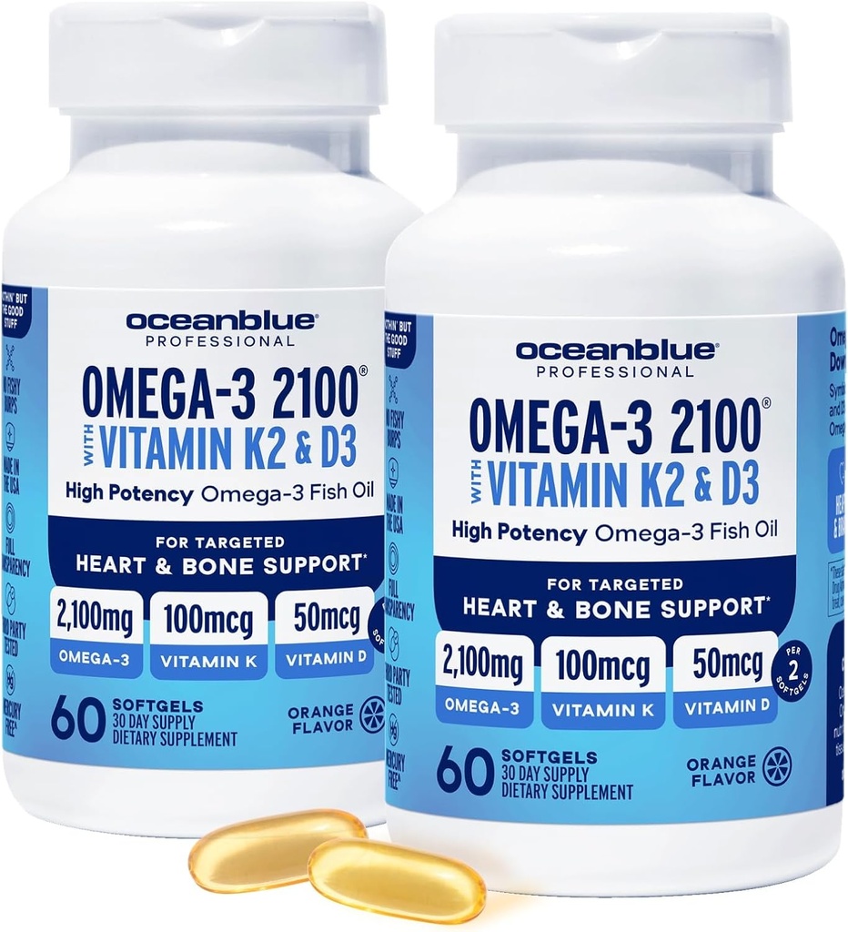 Oceanblue Professional Omega-3 2100 z vitaminom K2 in vitaminom D3-60 Count 2 Pack- Trojno moč Burpless ribje olje dodatek z EPA, DHA & DPA - Wild Caught - Orange Flavor, 60 Servings