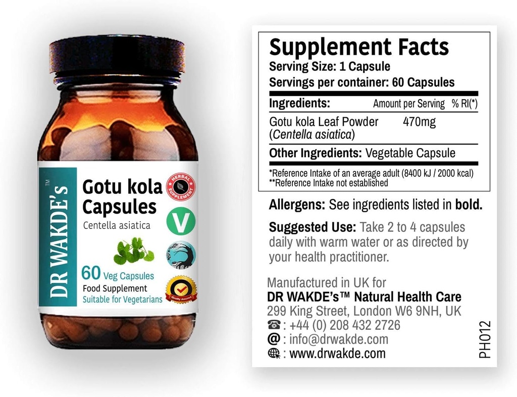 Kapsule DR WAKDE's Gotu kola (Mandukparni, Centella asciatia, 60 Veg kap, rastlinsko-bazen dodatek, ajurvedski zelišče, vse naravno, Vegan)